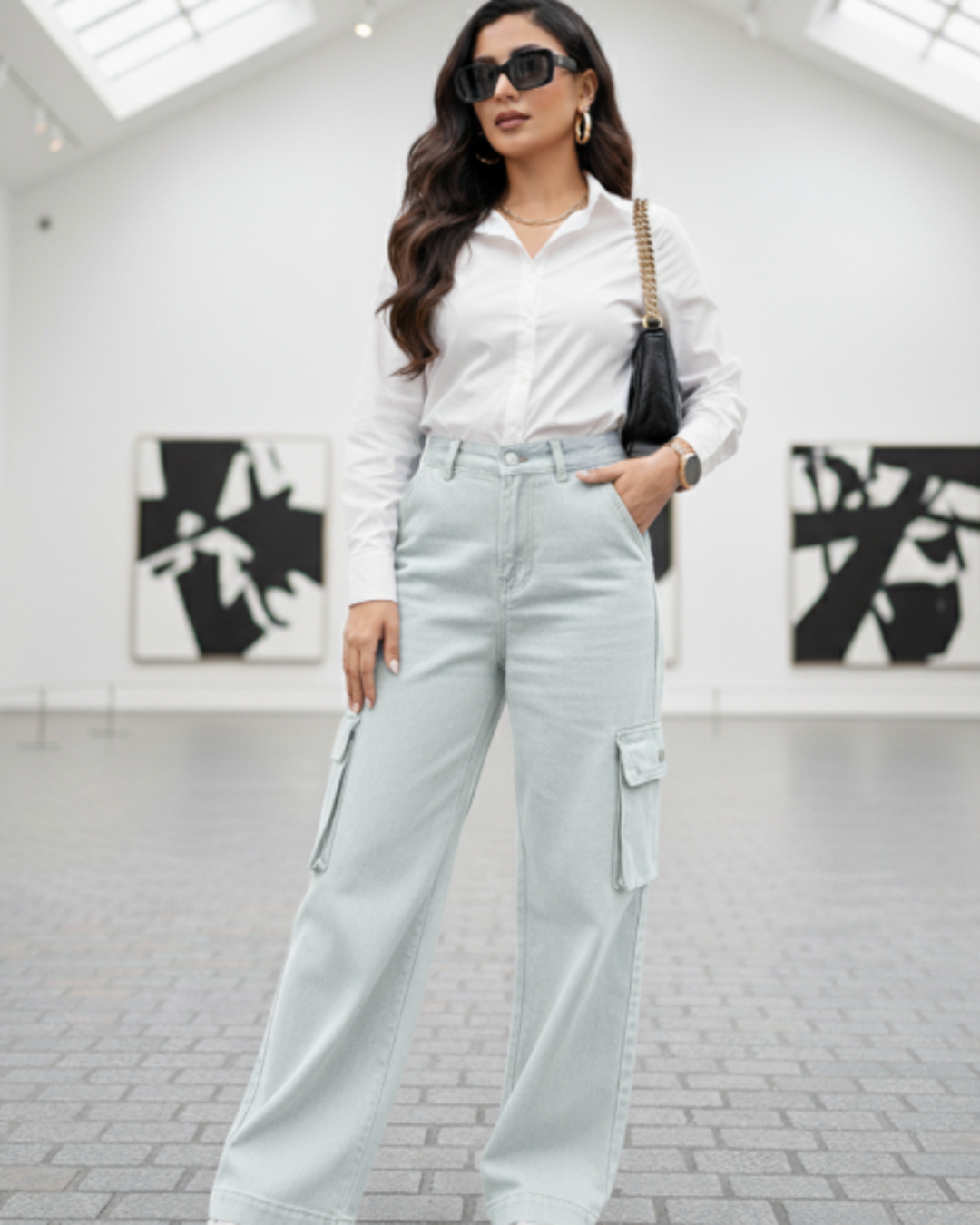 The Breeze | Ice Blue Wide-Leg Flap Pocket Cargo
