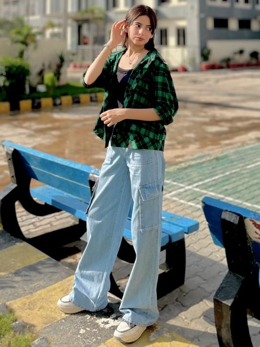 The Bet | Mid Wash Wide-Leg Flap Pocket Cargo