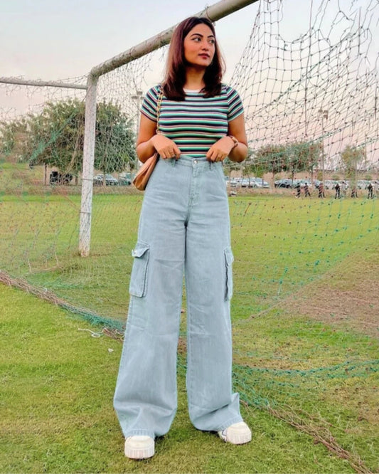 The Bet | Mid Wash Wide-Leg Flap Pocket Cargo