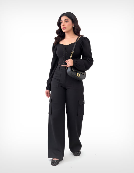 The Core | Black Wide-Leg Flap Pocket Cargo Jeans