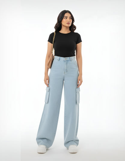 The Breeze | Ice Blue Wide-Leg Flap Pocket Cargo