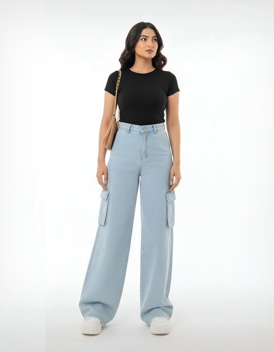 The Breeze | Ice Blue Wide-Leg Flap Pocket Cargo