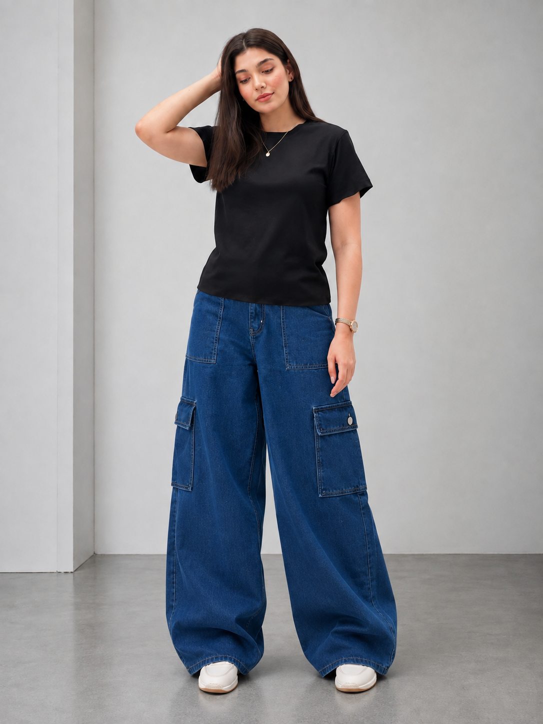 The Journey - Dark Blue Wide-Leg Flap Pocket Cargo; front view showing wide-leg fit