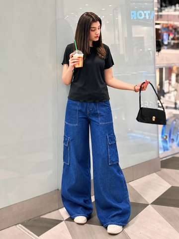 The Journey - Dark Blue Wide-Leg Flap Pocket Cargo; front outfit view