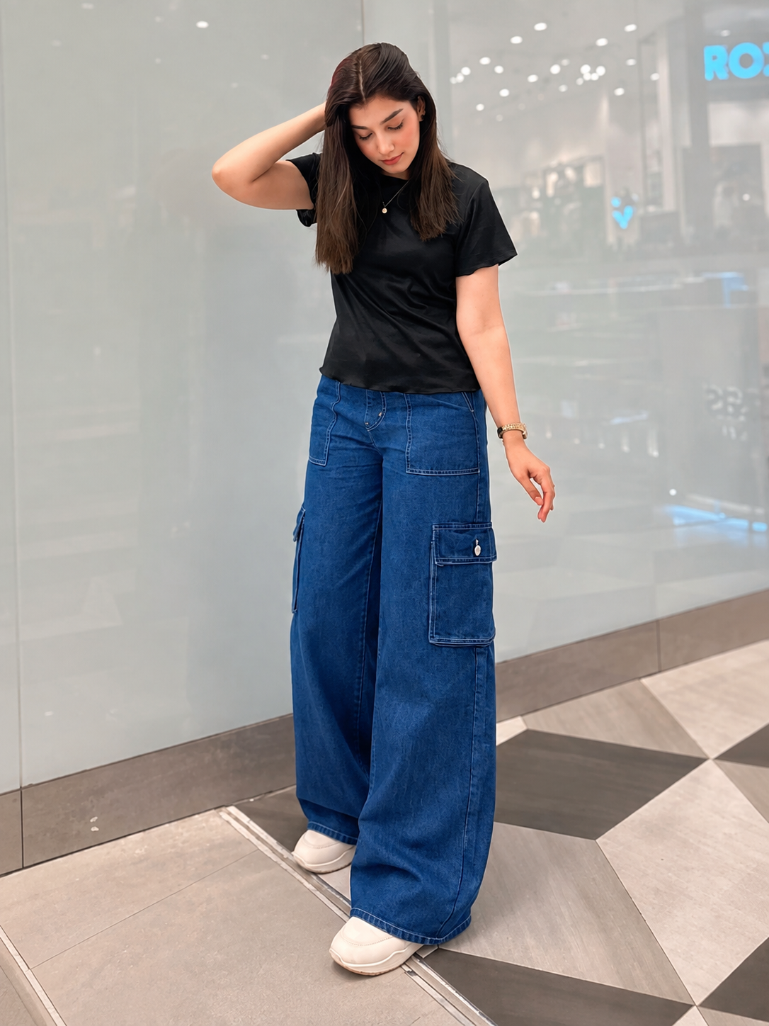 The Journey - Dark Blue Wide-Leg Flap Pocket Cargo; front view on model