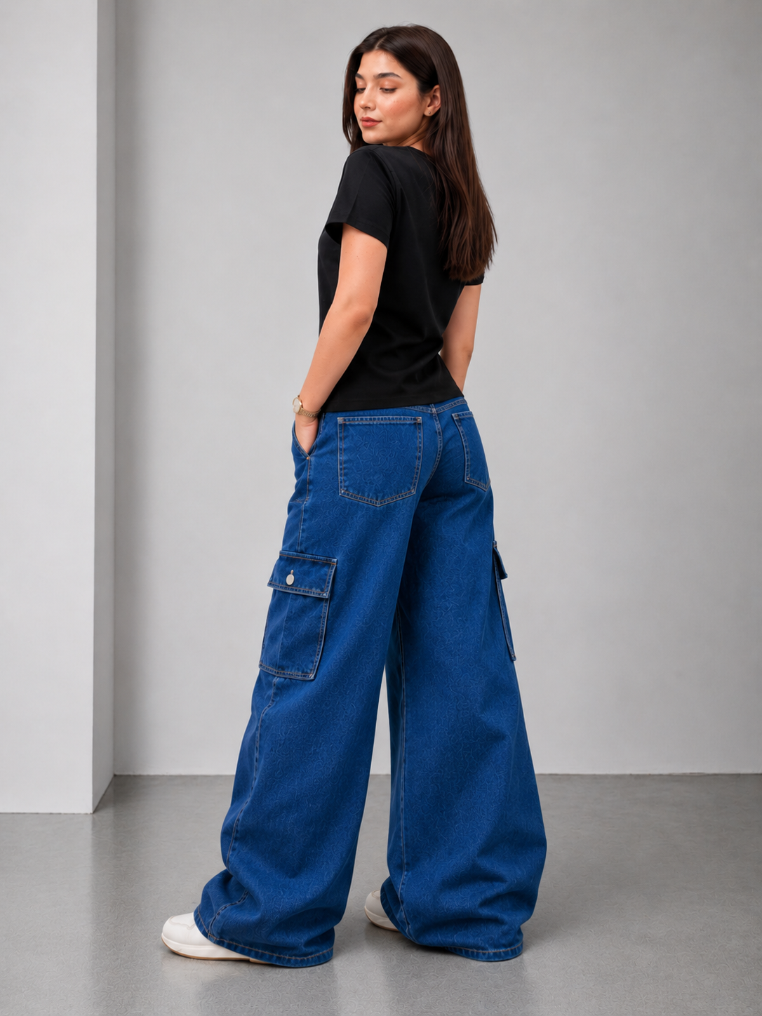 The Journey - Dark Blue Wide-Leg Flap Pocket Cargo; back view on model