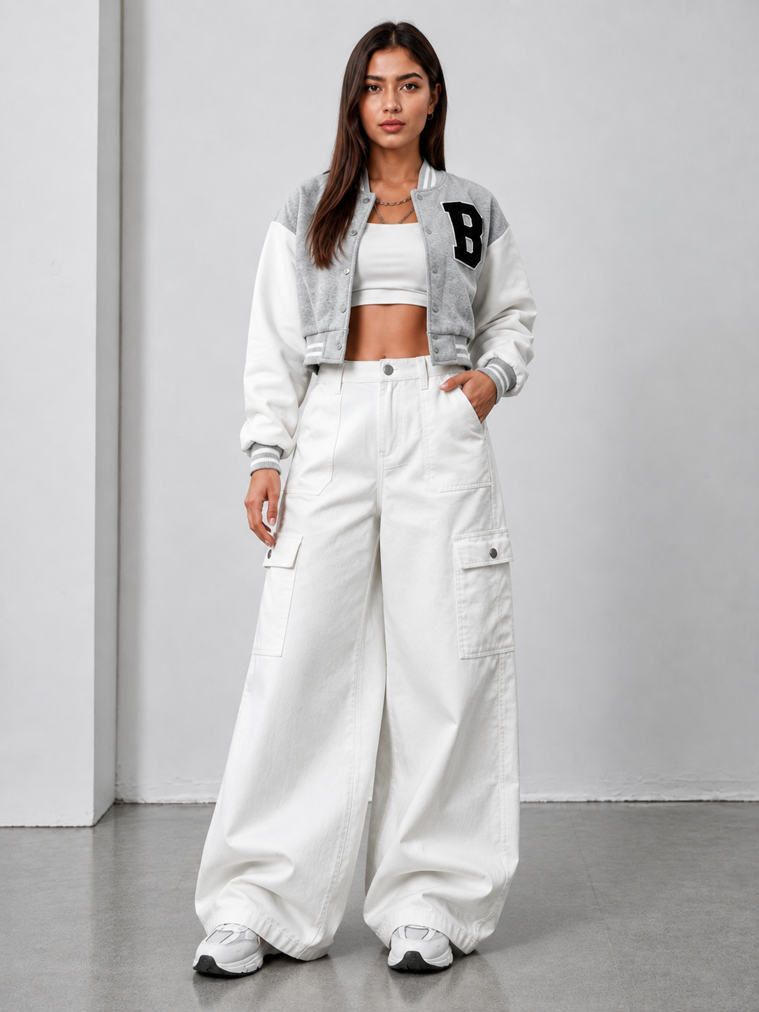 The Coast - White Wide-Leg Flap Pocket Cargo; front view on model