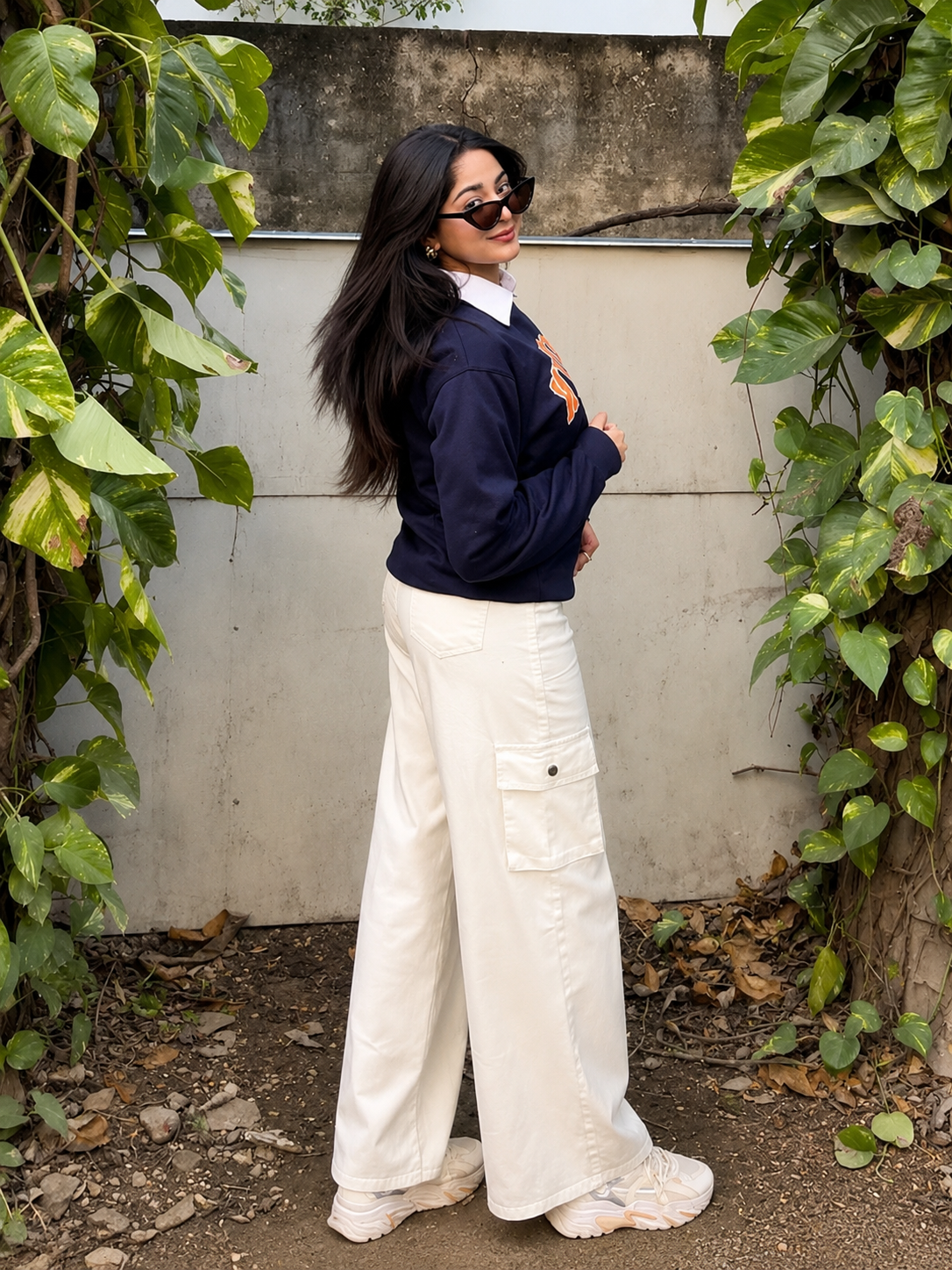The Coast - White Wide-Leg Flap Pocket Cargo; side view outdoors