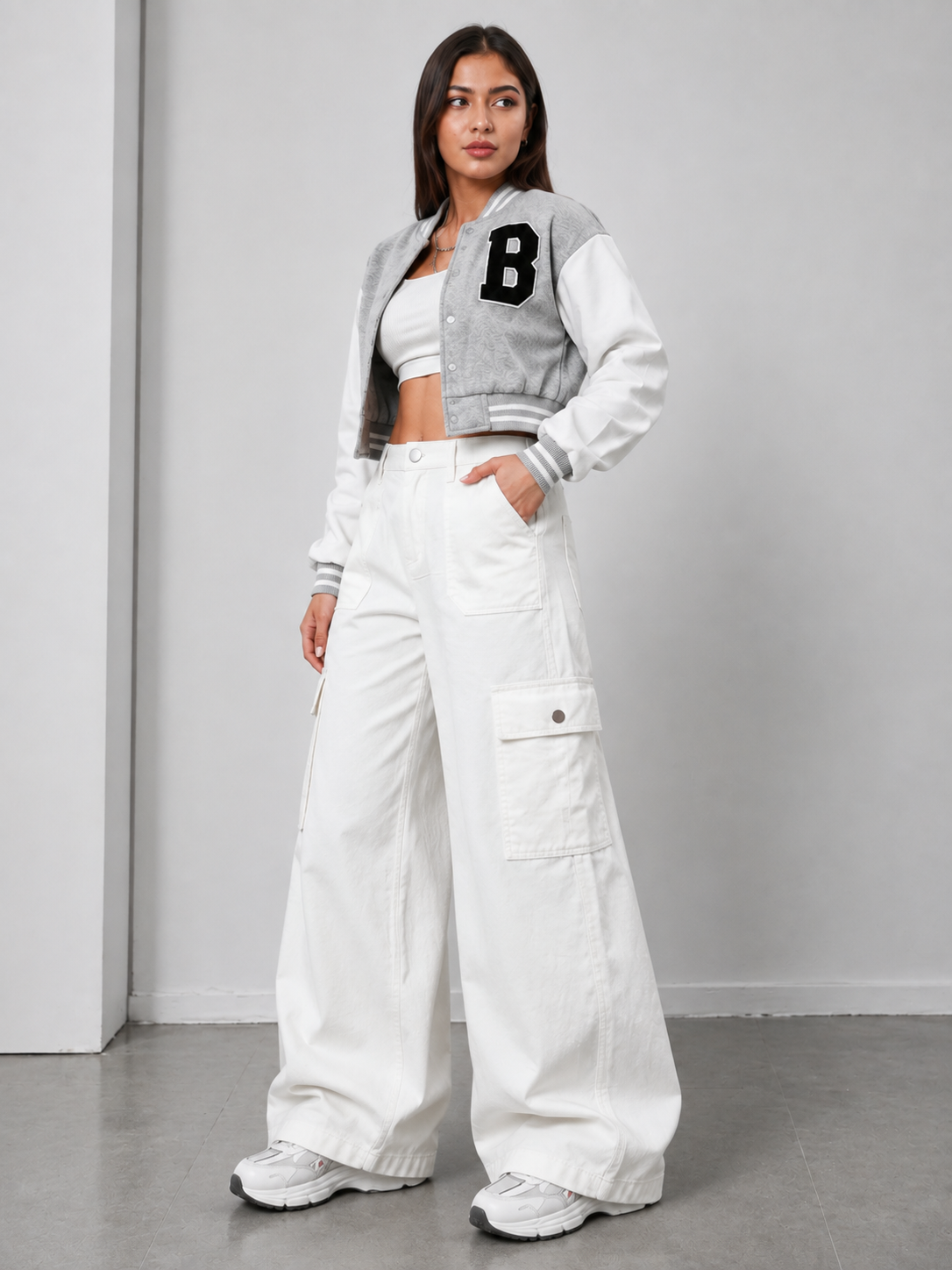 The Coast - White Wide-Leg Flap Pocket Cargo; front view on model