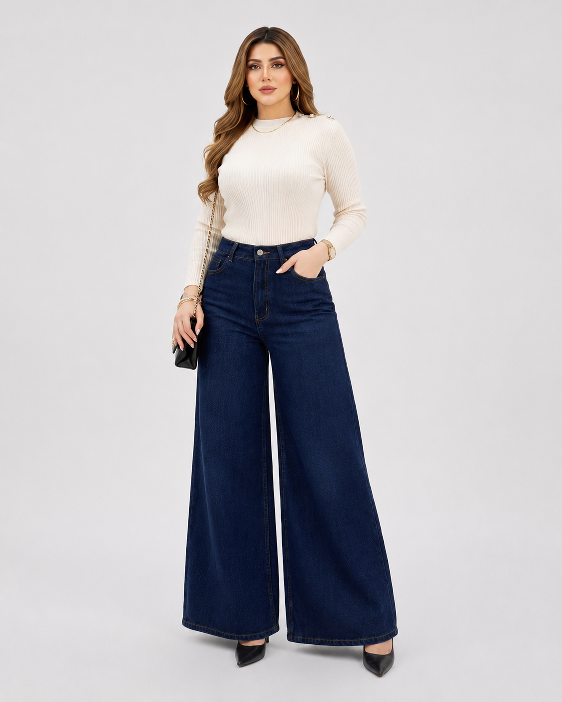 Royal Rebellion - Navy Blue Wide-Leg Jeans; front view on model