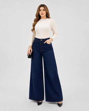 Royal Rebellion - Navy Blue Wide-Leg Jeans; front view on model