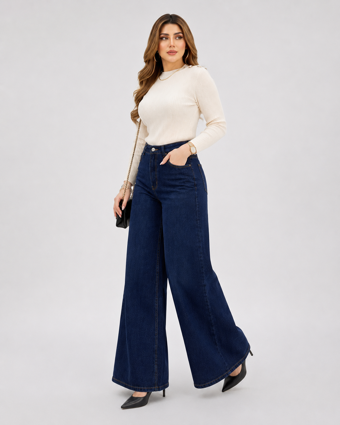 Royal Rebellion - Navy Blue Wide-Leg Jeans; front view showing wide-leg fit