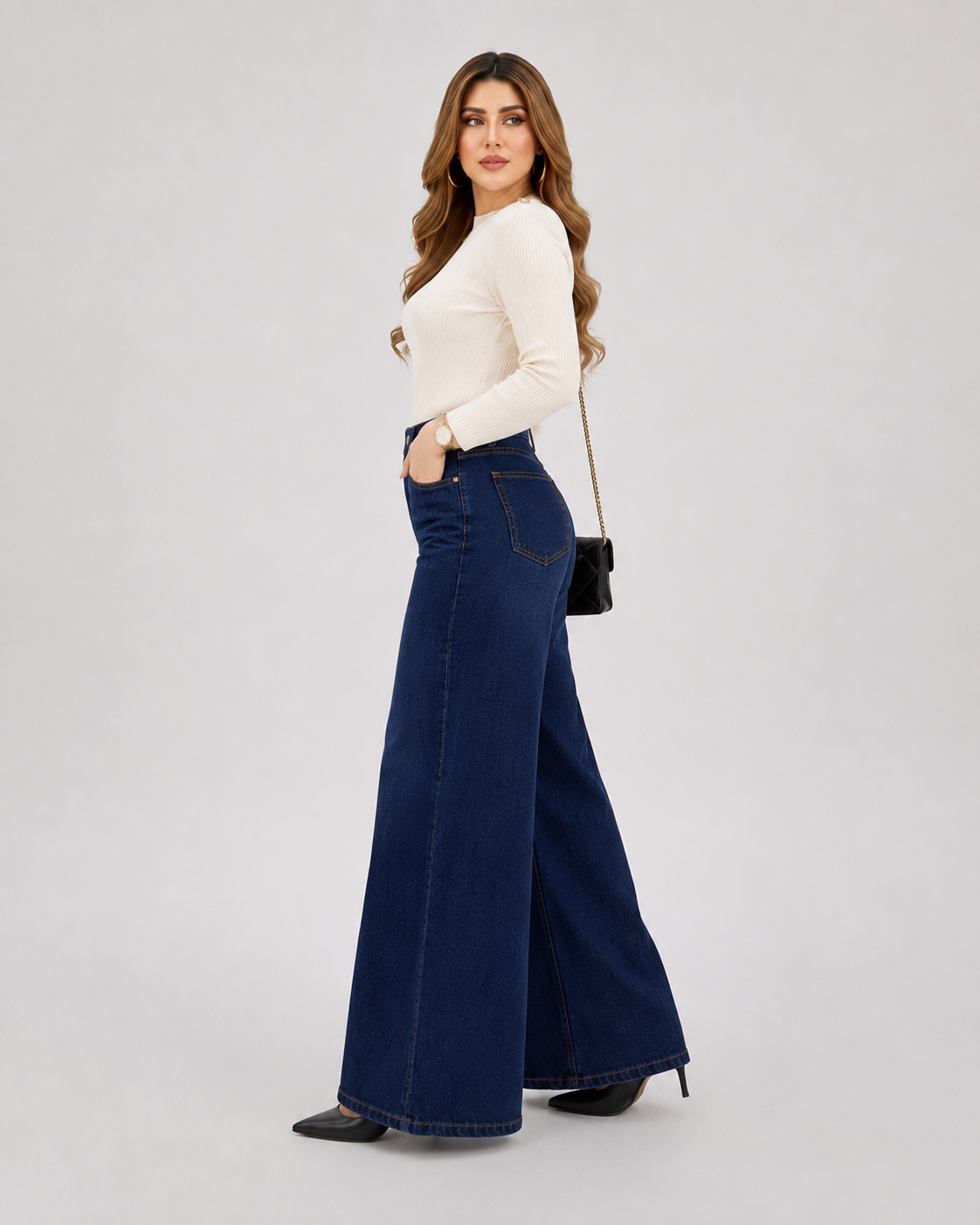 Royal Rebellion - Navy Blue Wide-Leg Jeans; side view on model