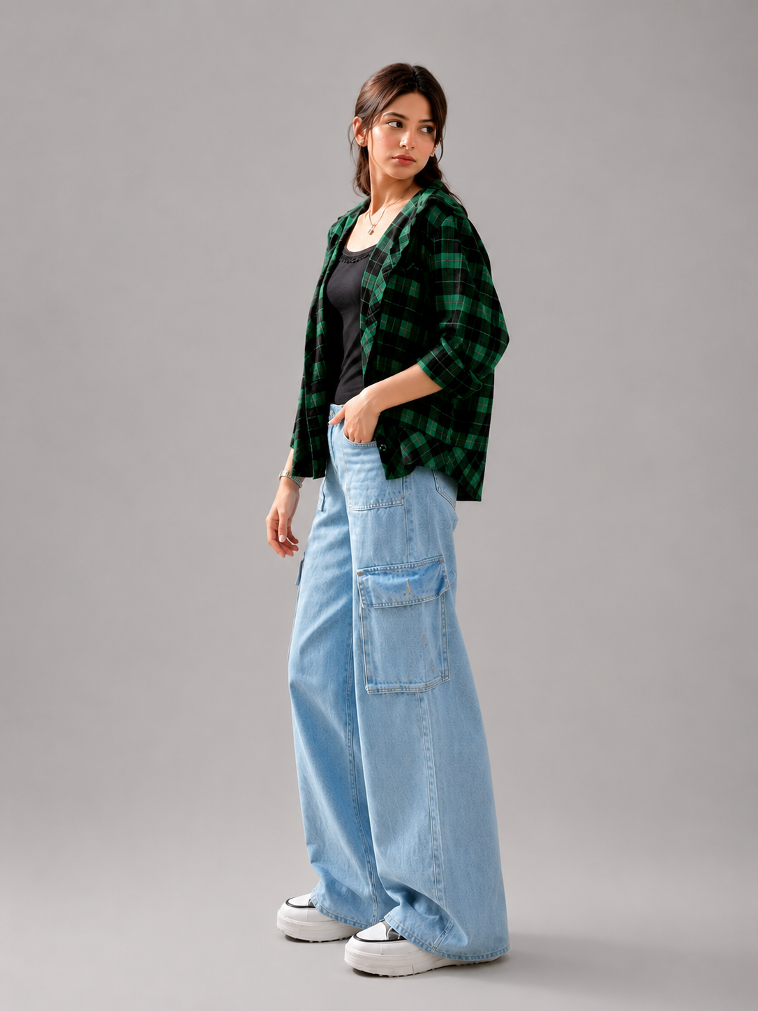 The Bet | Mid Wash Wide-Leg Flap Pocket Cargo