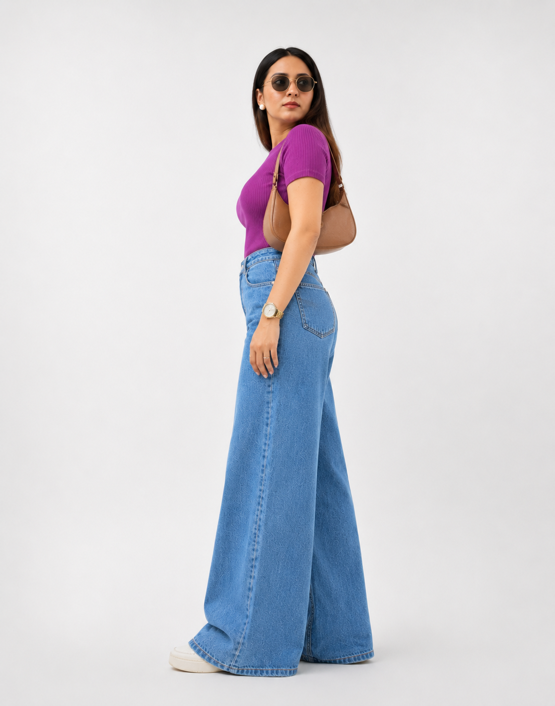 The Canyon - Stone Blue Wide-Leg Jeans; side view on model