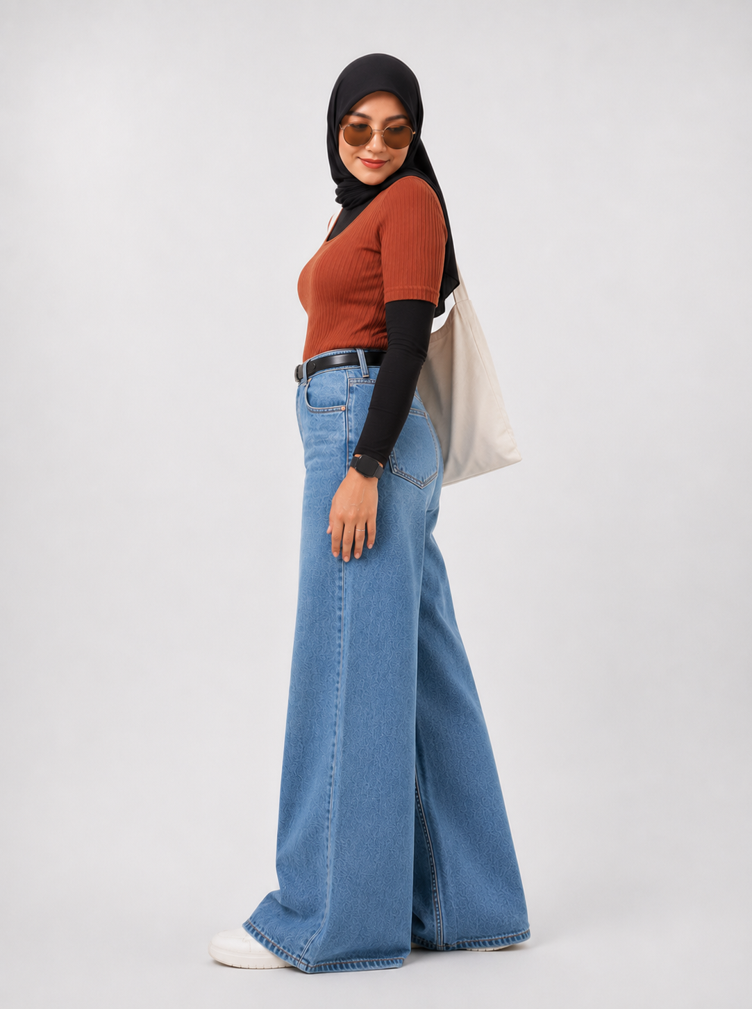 The Canyon - Stone Blue Wide-Leg Jeans; side view on model