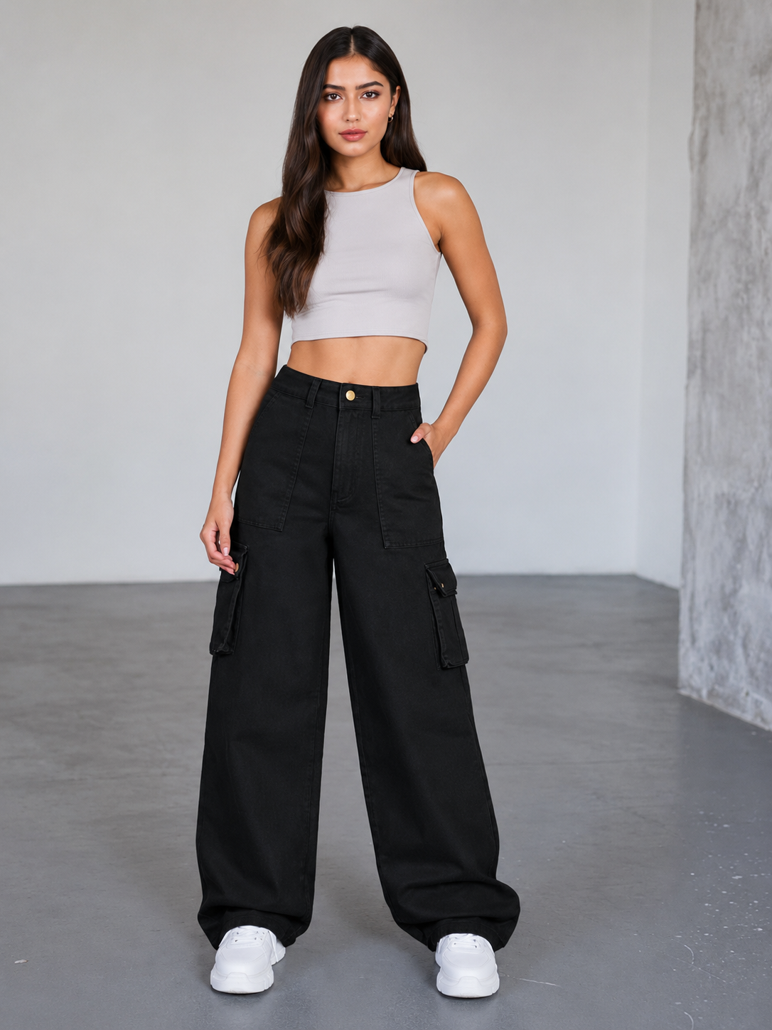 The Core - Black Wide-Leg Flap Pocket Cargo Jeans; front view on model