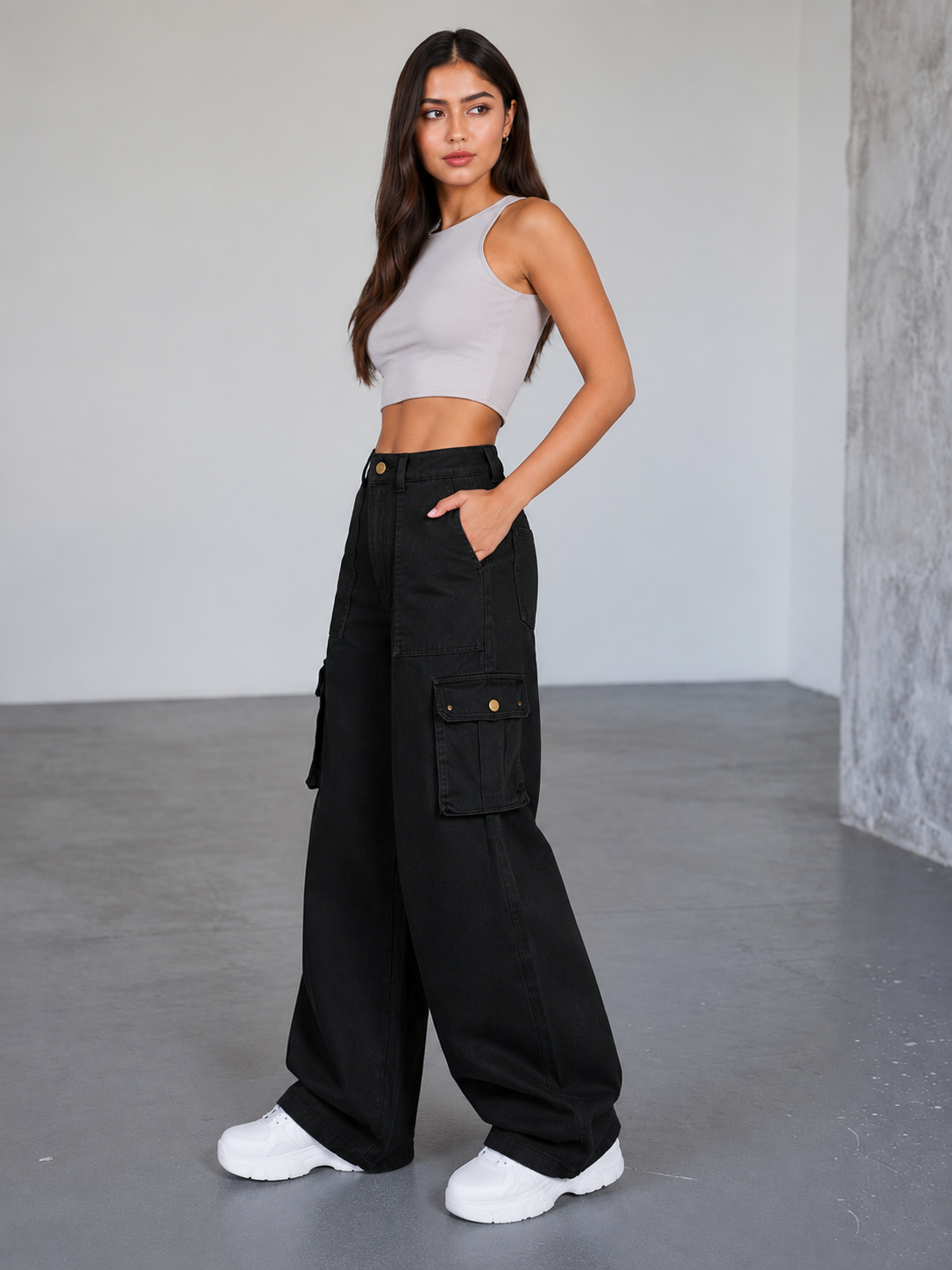 The Core | Black Wide-Leg Flap Pocket Cargo Jeans