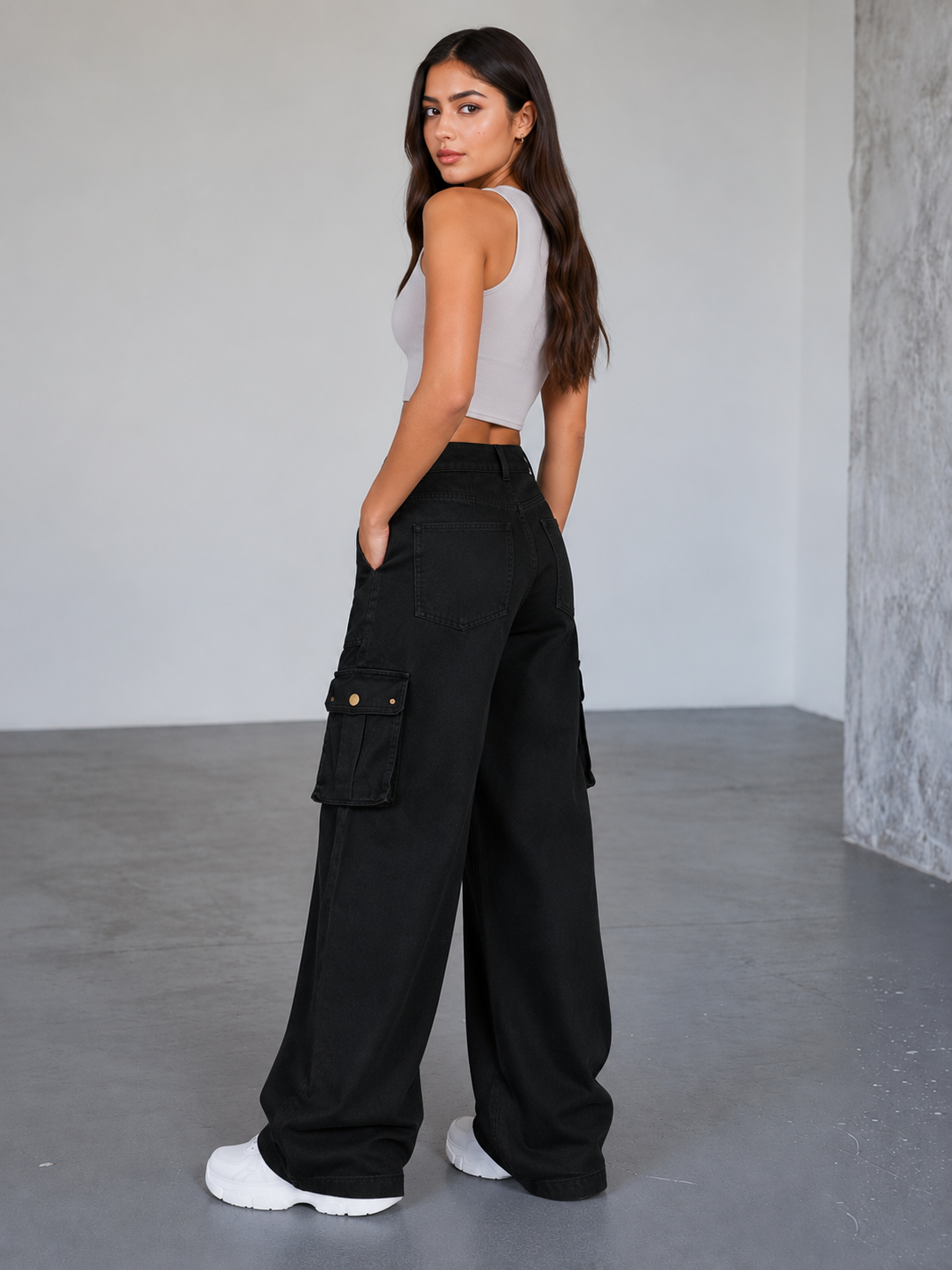The Core - Black Wide-Leg Flap Pocket Cargo Jeans; back view on model