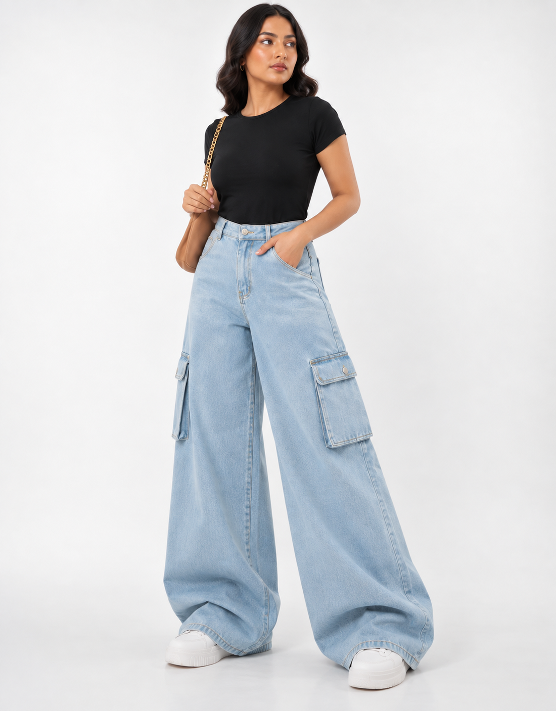The Breeze - Ice Blue Wide-Leg Flap Pocket Cargo; front detail showing cargo pockets