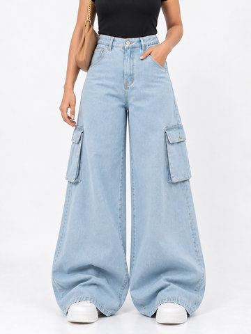 The Breeze - Ice Blue Wide-Leg Flap Pocket Cargo; front detail showing cargo pockets