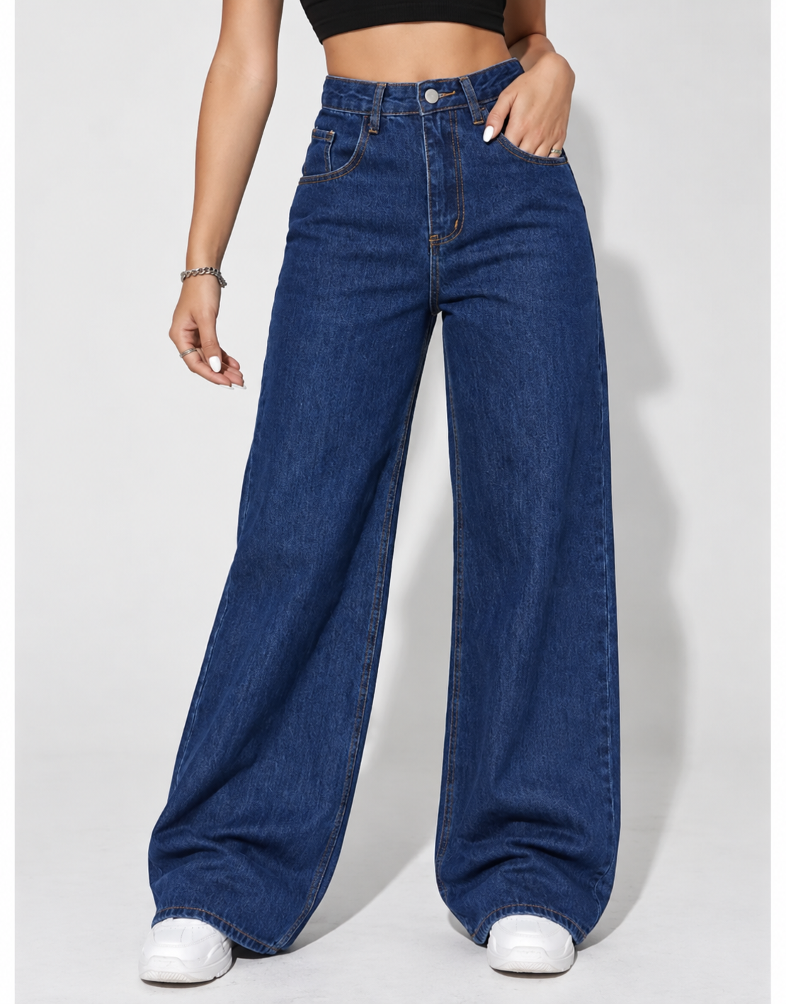 The Orbit - Dark Wash Wide-Leg Jeans; front view showing wide-leg silhouette