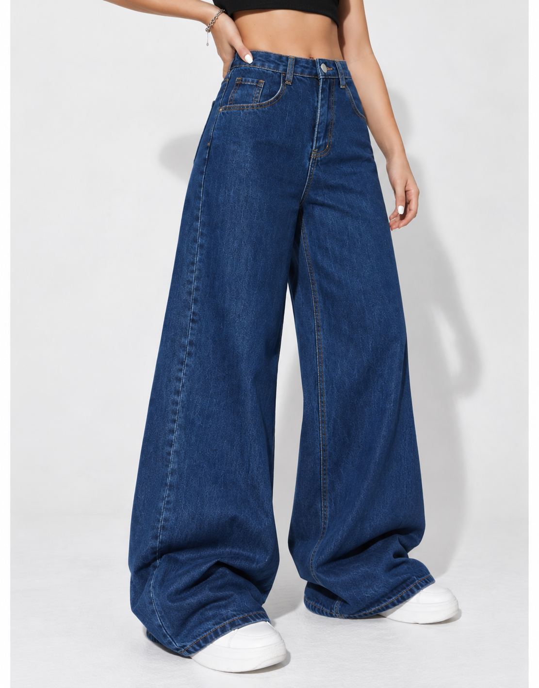 The Orbit - Dark Wash Wide-Leg Jeans; front detail showing wide-leg fit