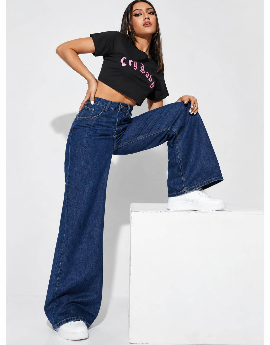 The Orbit - Dark Wash Wide-Leg Jeans; outfit styling on model