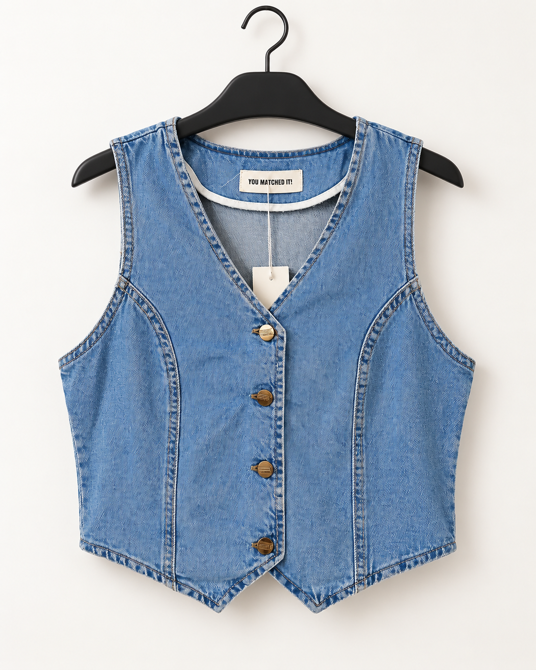 SASSY blue denim vest styled with white tee and wide-leg jeans - front view