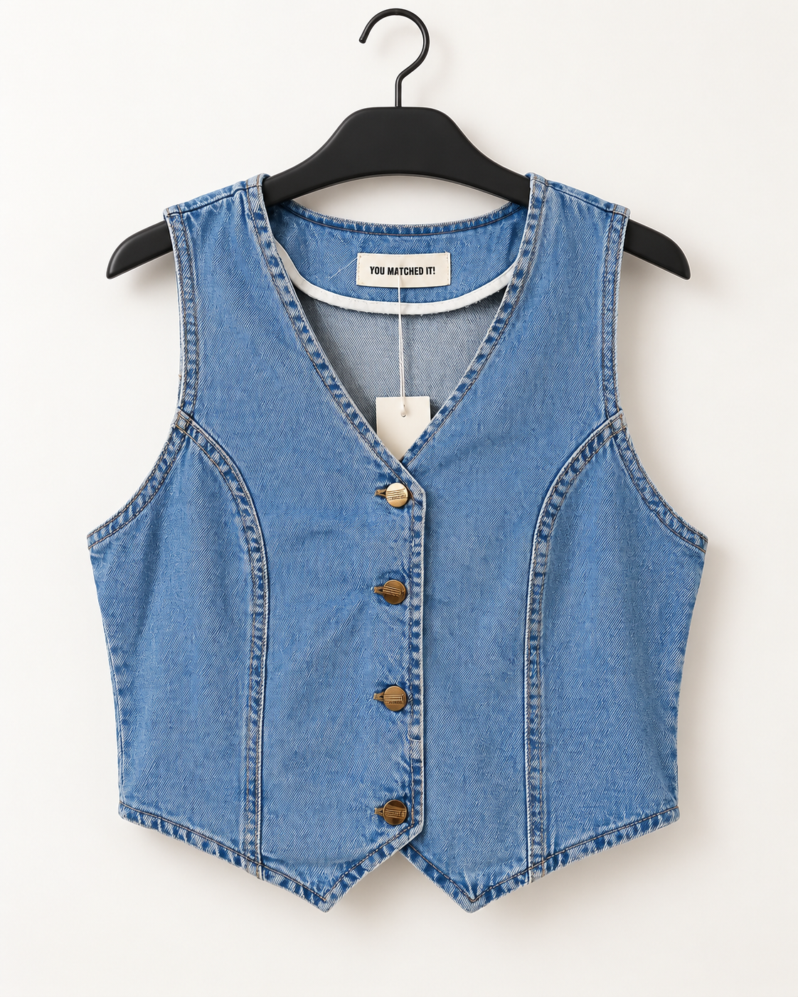 SASSY Denim Vest - Blue fitted button-front vest; front view on hanger