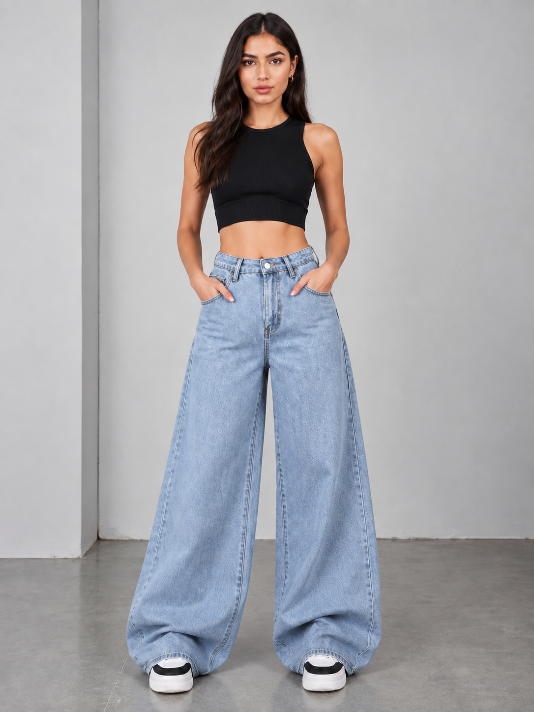 The Drip - Mid Wash Wide-Leg Jeans; front view on model