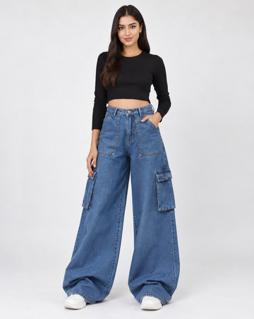 The Street - Stone Blue Wide-Leg Flap Pocket Cargo; front view on model