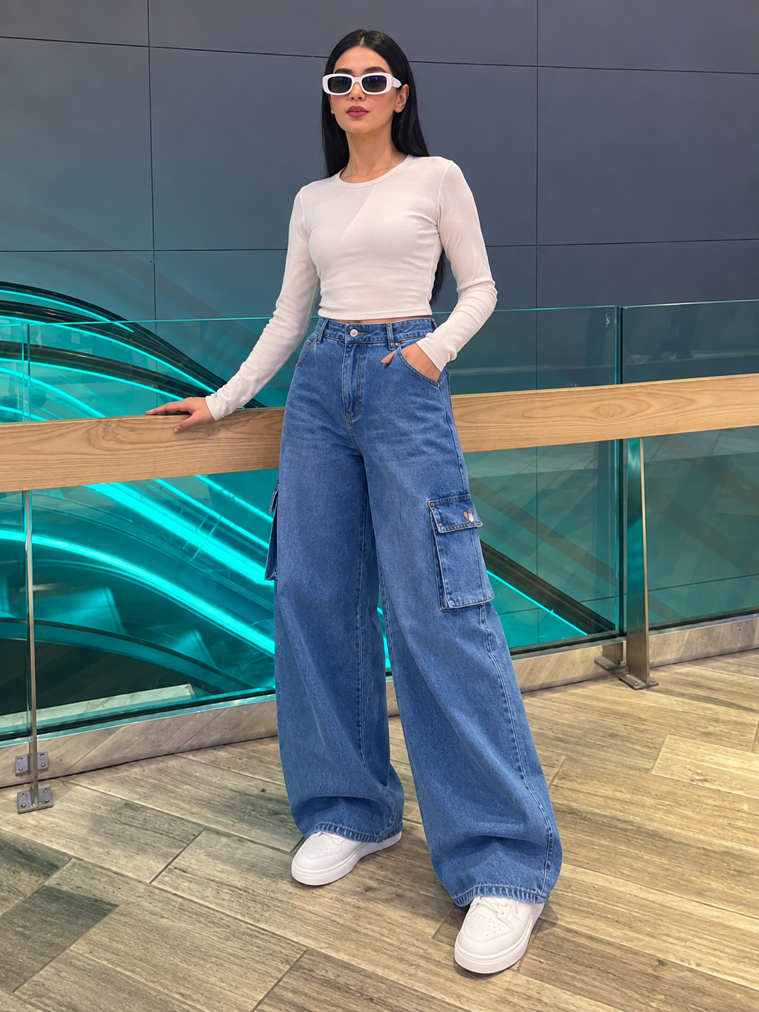The Street - Stone Blue Wide-Leg Flap Pocket Cargo; outdoor styling on model