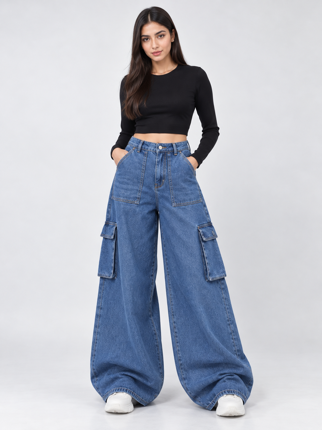 The Street - Stone Blue Wide-Leg Flap Pocket Cargo; front view showing cargo pockets