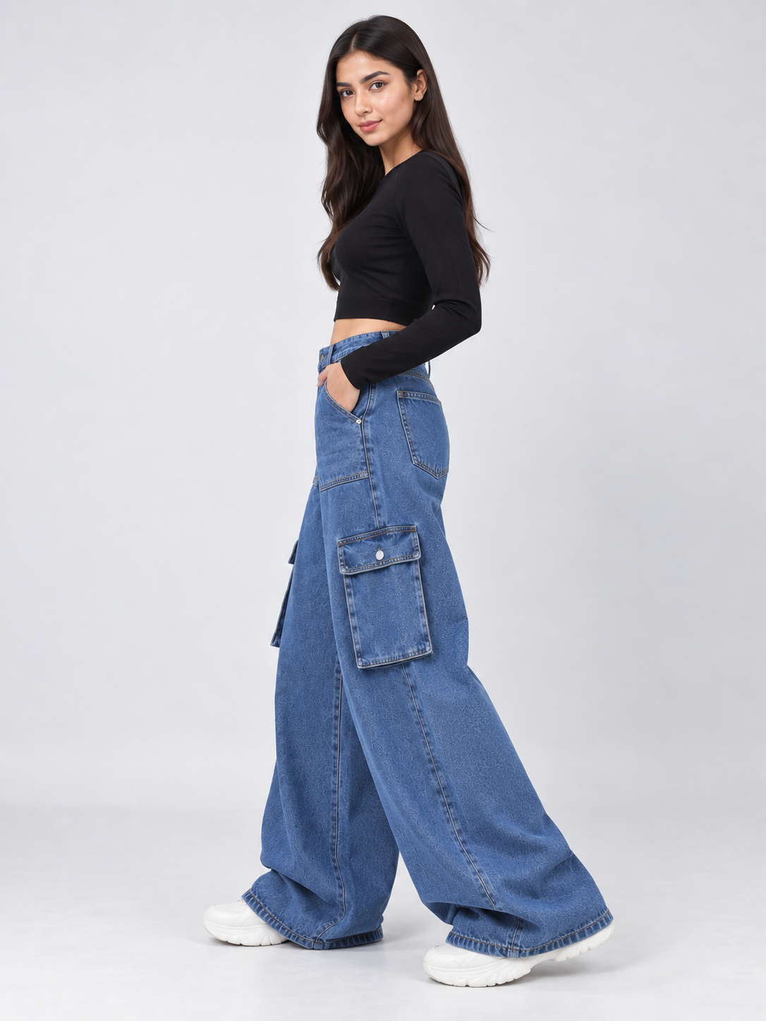 The Street - Stone Blue Wide-Leg Flap Pocket Cargo; side view showing cargo pockets