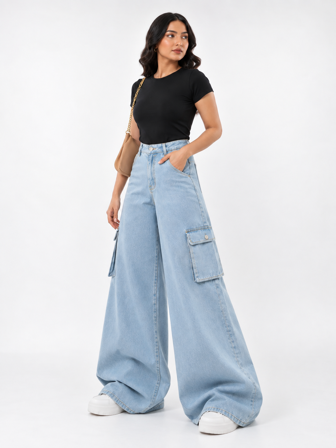 The Breeze - Ice Blue Wide-Leg Flap Pocket Cargo; three-quarter view on model