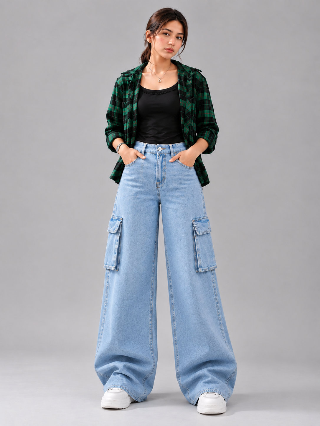 The Bet - Mid Wash Wide-Leg Flap Pocket Cargo; front view on model