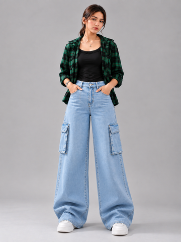 The Bet - Mid Wash Wide-Leg Flap Pocket Cargo; front view on model
