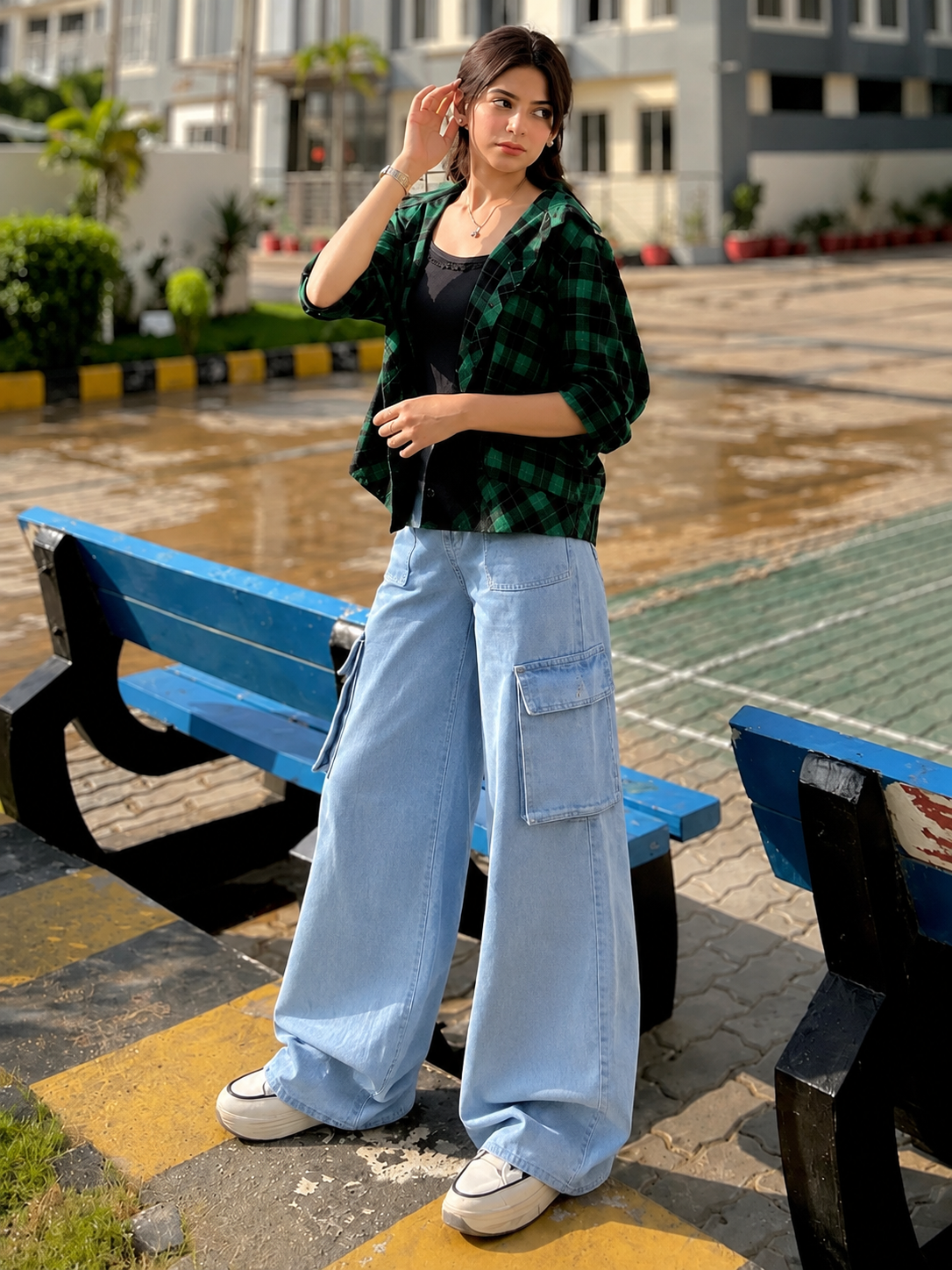 The Bet - Mid Wash Wide-Leg Flap Pocket Cargo; front view on model