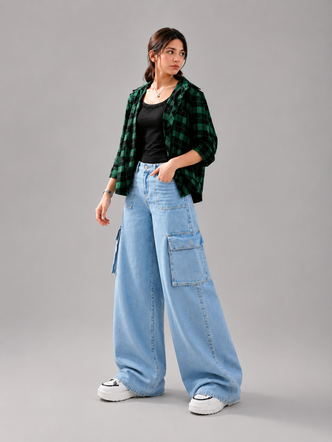 The Bet - Mid Wash Wide-Leg Flap Pocket Cargo; side view on model
