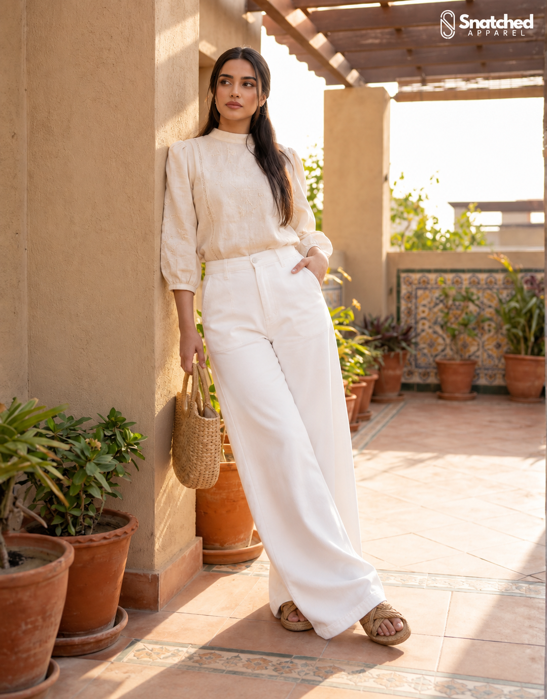 The Slay - White Wide-Leg Jeans; outdoor styling on model