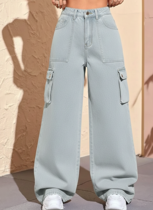 The Breeze | Ice Blue Wide-Leg Flap Pocket Cargo