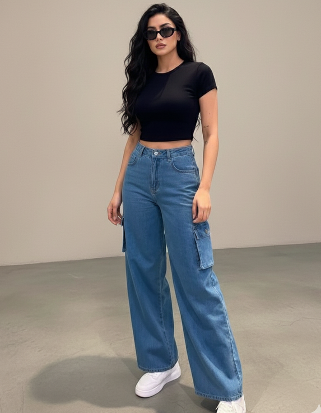 The Street | Stone Blue Wide-Leg Flap Pocket Cargo