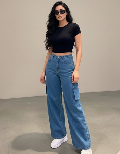 The Street | Stone Blue Wide-Leg Flap Pocket Cargo