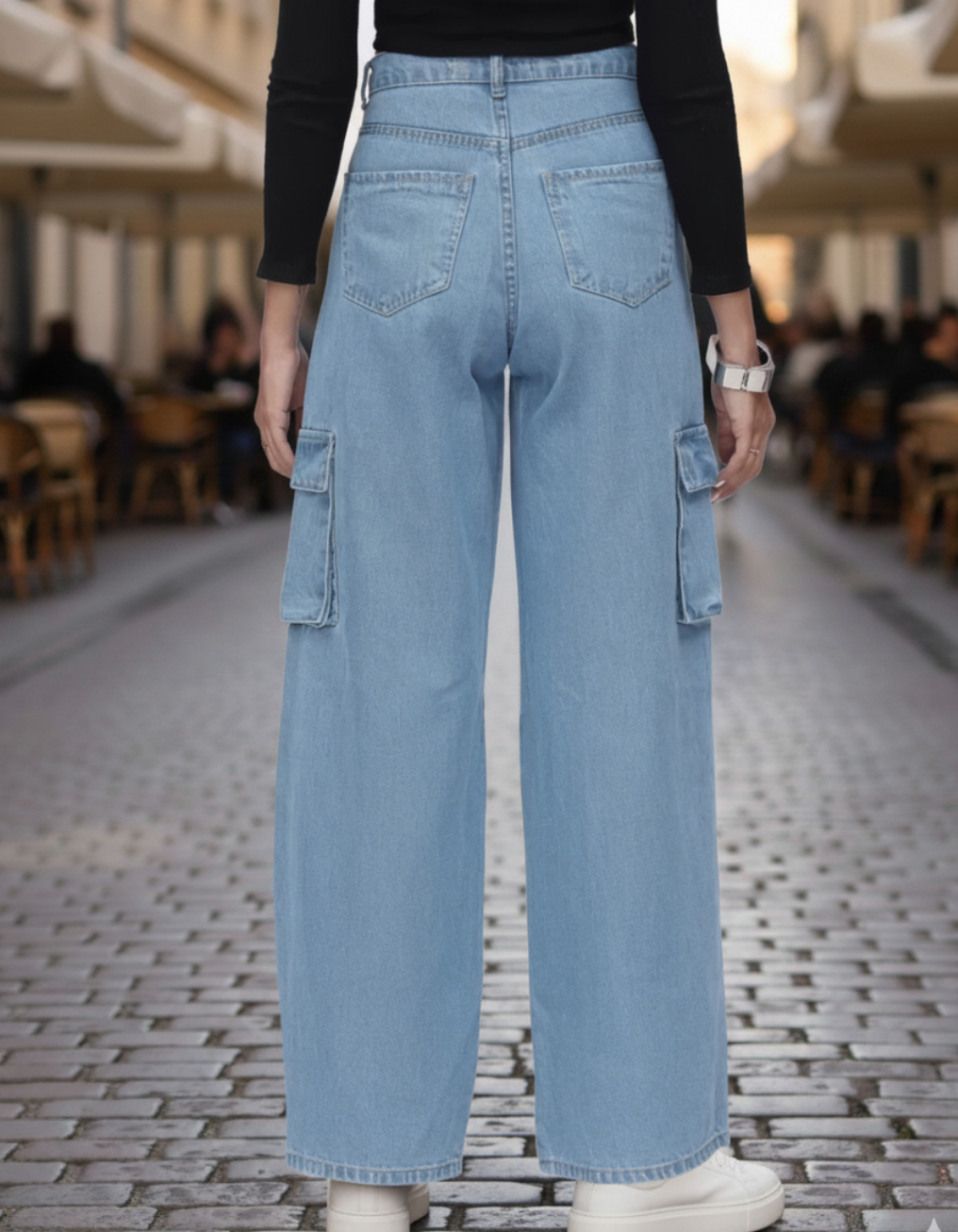 The Bet | Mid Wash Wide-Leg Flap Pocket Cargo