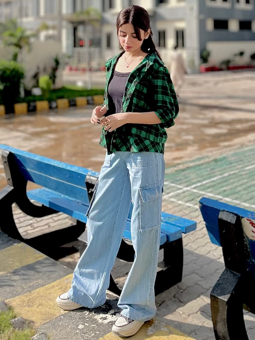 The Bet | Mid Wash Wide-Leg Flap Pocket Cargo