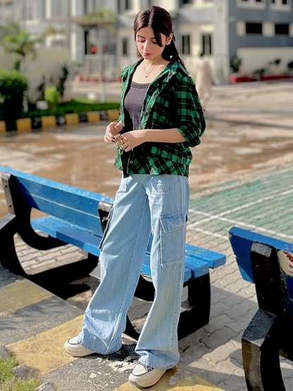The Bet | Mid Wash Wide-Leg Flap Pocket Cargo