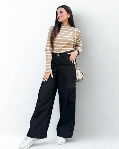 The Core | Black Wide-Leg Flap Pocket Cargo Jeans