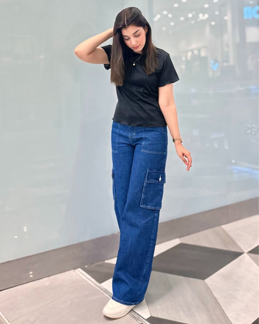 The Journey | Dark Blue Wide-Leg Flap Pocket Cargo