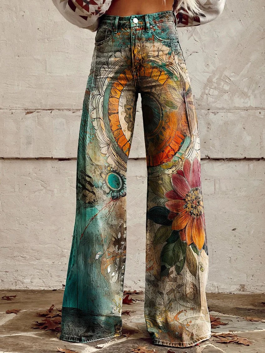 The Masterpiece | Super Wide-Leg Painted Sunflower Denim